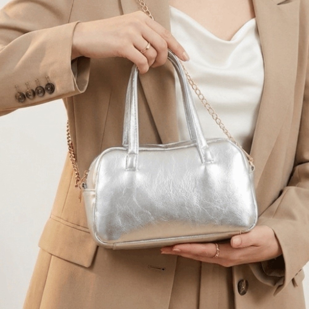 Women Bags For Office Use - Metallic Faux Leather Boston Bag Double