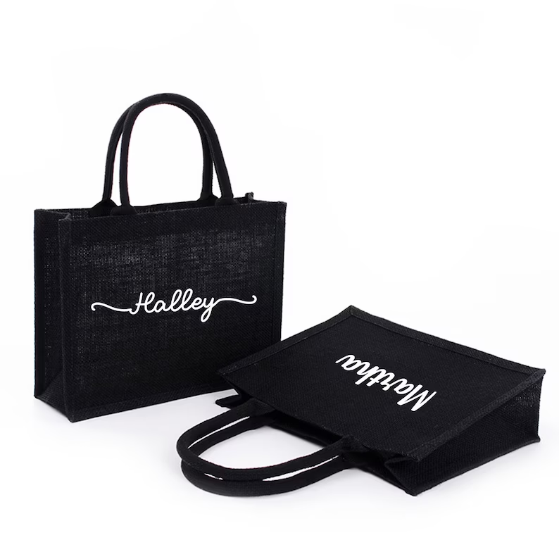Women Bags Jute - Personalized Black Burlap Tote Bags Custom